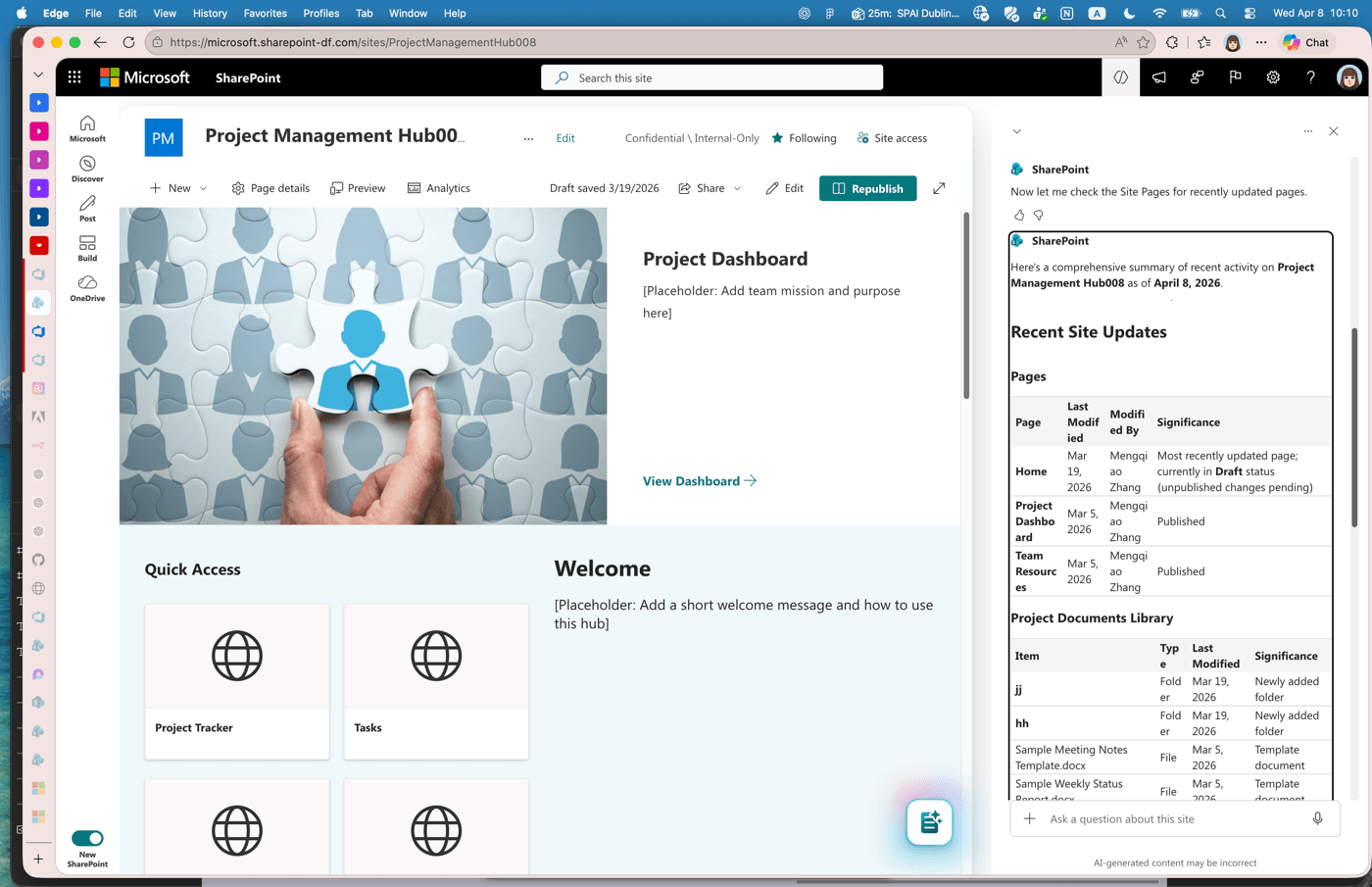 Generated SharePoint project dashboard site