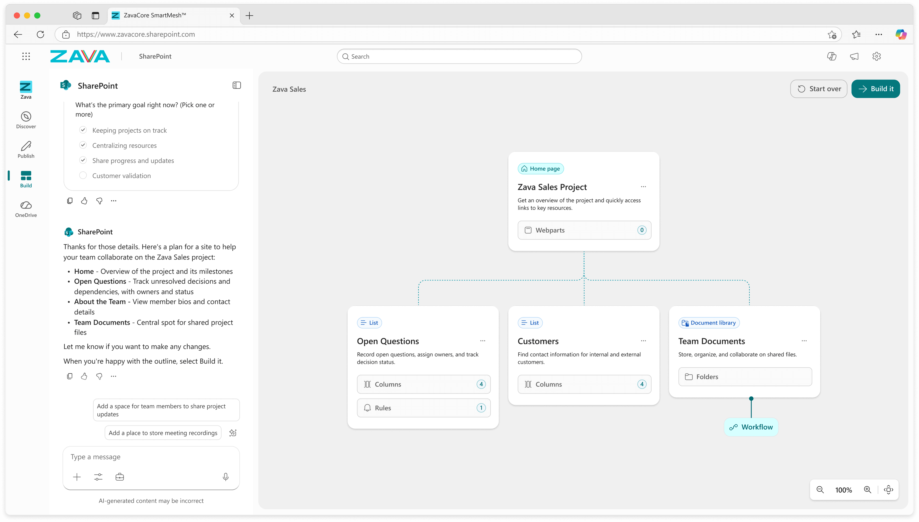V1 SharePoint Builder outline and chat