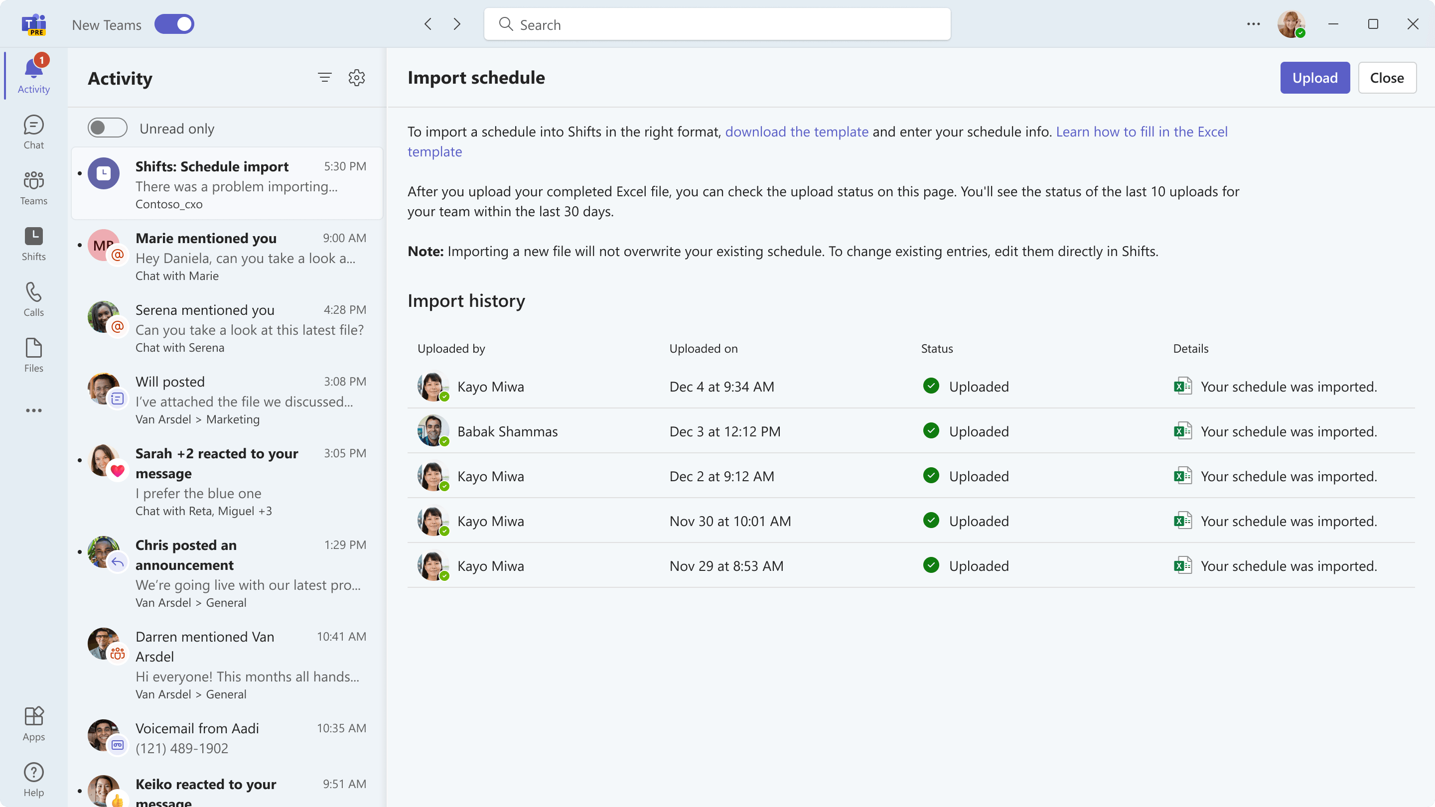 Teams Activity notification reporting a Shifts schedule import problem