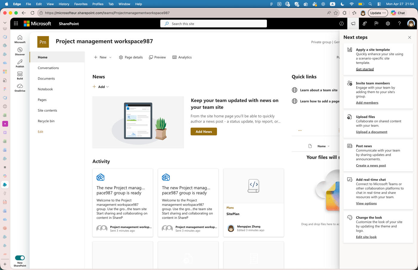 Generated SharePoint project-management site